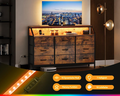 Comoda ODK cu 9 sertare, LED 10 culori, 2 prize si 2 USB