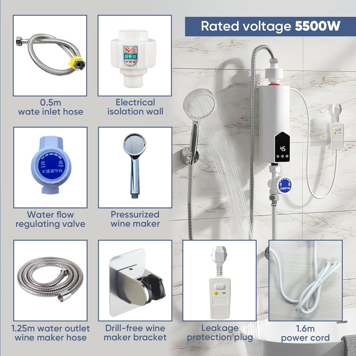 AUORUSI 5500 W chauffe eau instantané electrique,IPX4 chauffe eau aux cuisines et salles de bains,220V mini Chauffe-eau mural à économie d'énergie
