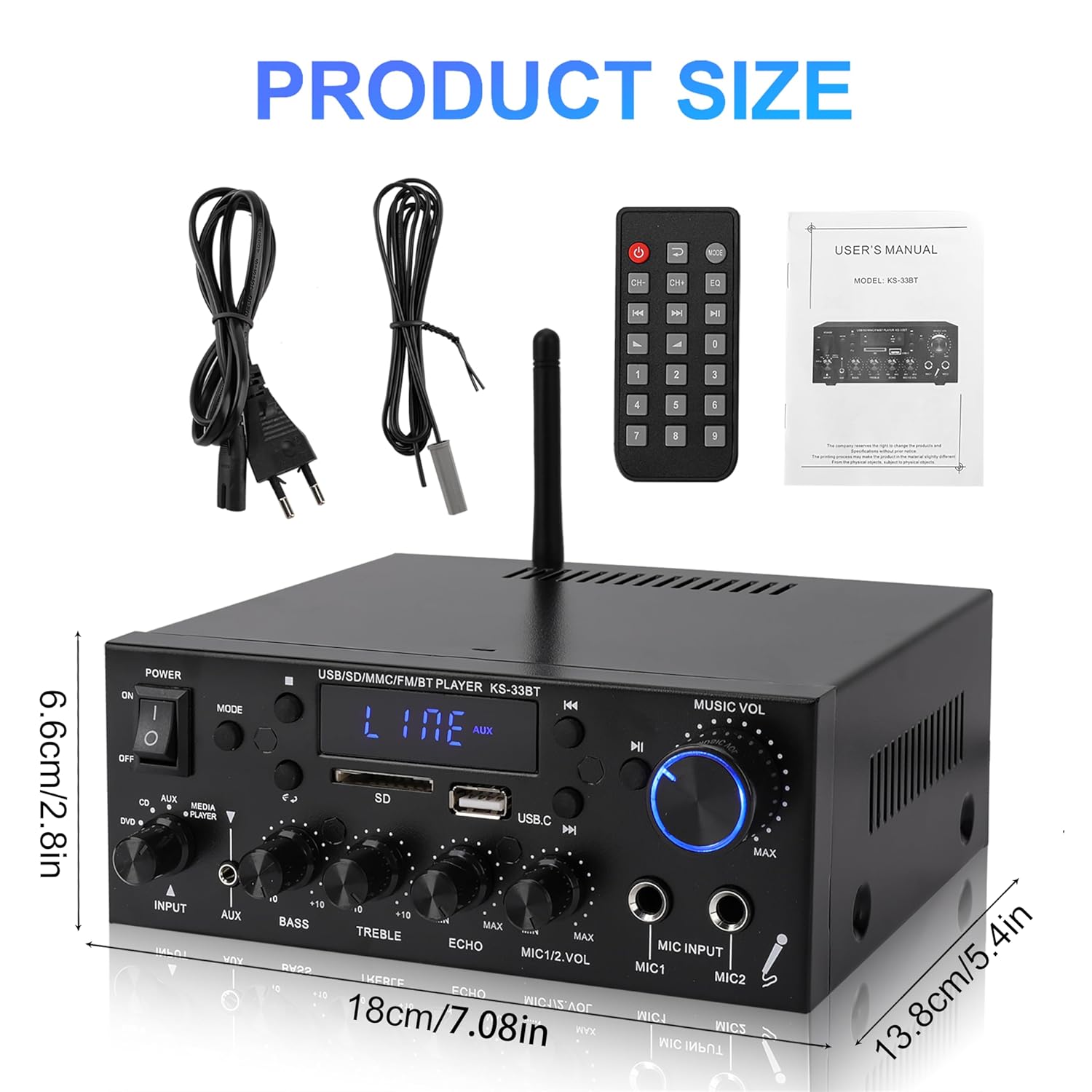 Mini Amplifier 60 W + 60 W Digital Power Amplifier Bluetooth Stereo Home Car Audio Amplifier USB SD FM MIC HiFi Digital Amplifier 12 V/230 V Mini 2CH 2 Channel I Mini Power Amplifier LCD Display