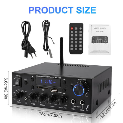 Mini Amplifier 60 W + 60 W Digital Power Amplifier Bluetooth Stereo Home Car Audio Amplifier USB SD FM MIC HiFi Digital Amplifier 12 V/230 V Mini 2CH 2 Channel I Mini Power Amplifier LCD Display