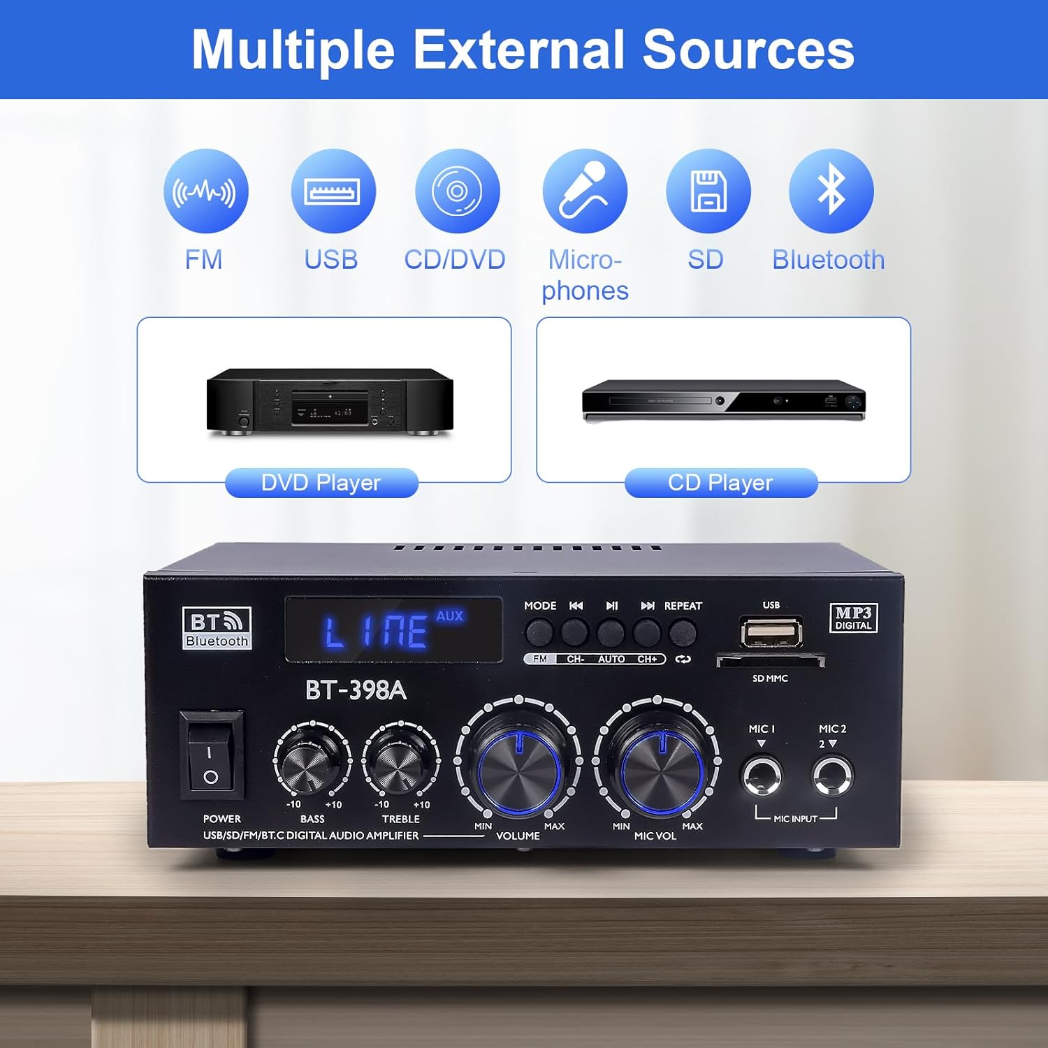 1000W Amplificateur, Bluetooth 5.3 Audio, Stéréo Audio Récepteur Ampli HiFi à 2.0 CH 60W x2 avec Bass/Treble/AUX/FM/MIC/USB, Convient pour Deux Haut-parleurs d'environ 10 Pouces, pour Ampli Voiture