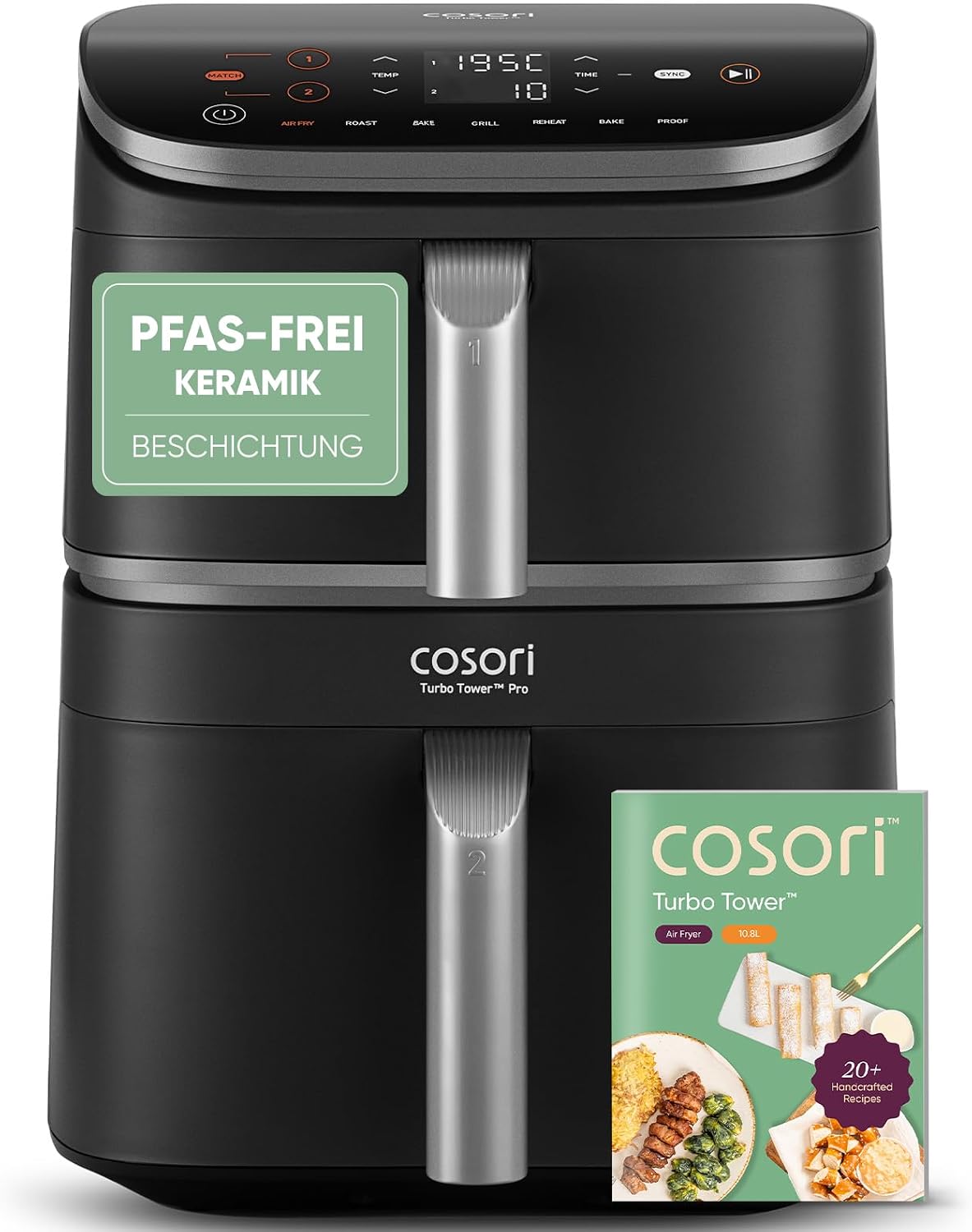 Friteuza cu aer cald Cosori Turbo Tower Pro Dual Blaze Tech, 10,8L, Ice Silver