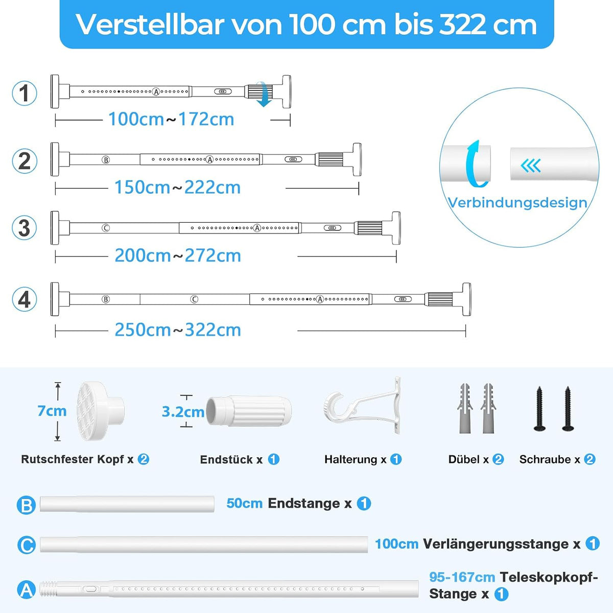 Galerie telescopica AIZESI fara gaurire, 150-322 cm, alba, diametru 32 mm