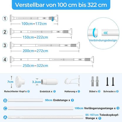 Galerie telescopica AIZESI fara gaurire, 150-322 cm, alba, diametru 32 mm