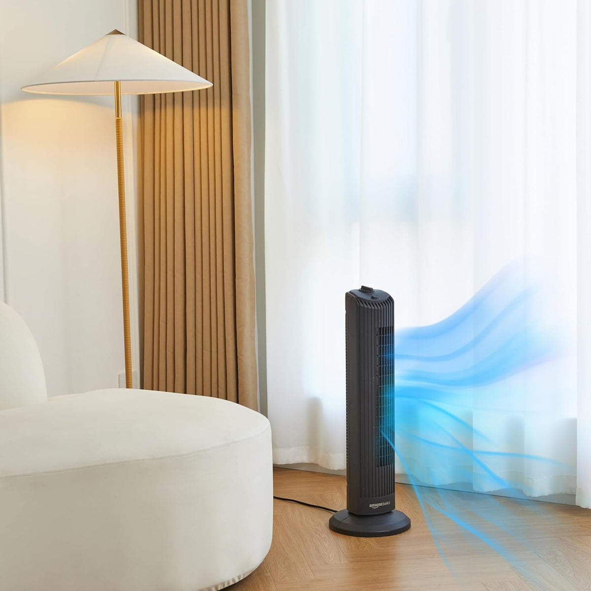 Ventilator turn Amazon Basics oscilant, 3 viteze, 35 W, negru mat