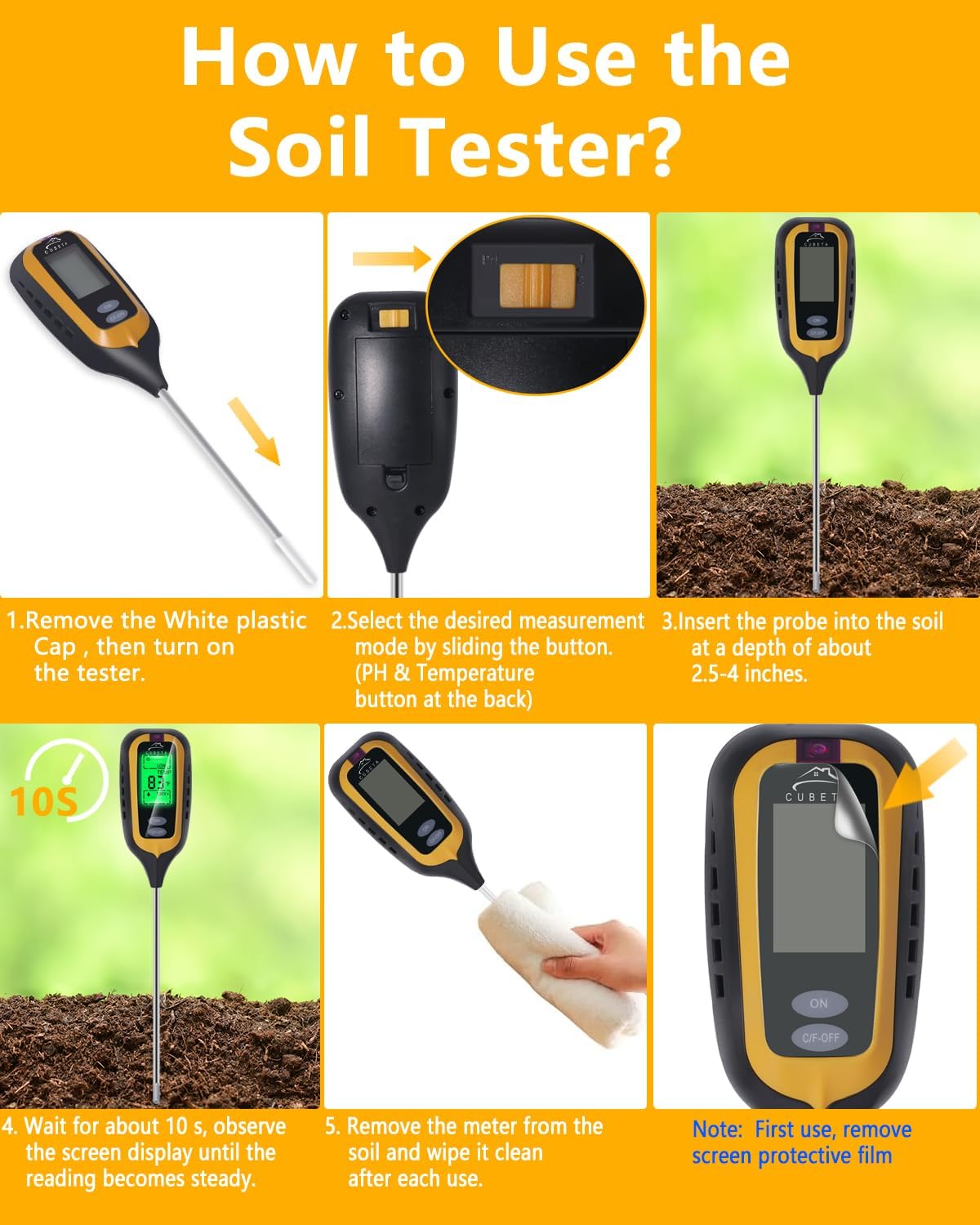 CUBETA Moisture Meter Plants Moisture Meter 4 in 1 Humidity/Temperature/pH/Light for Gardening, Lawn, Indoor Plants (Yellow)