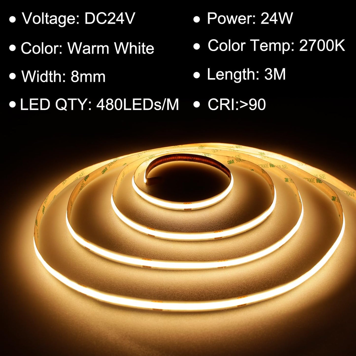 TTWAY COB LED Strip Lights 2700K, Dimmable LED Strip Kit, Super Bright 24V LED Tape Lights CRI90+ with RF Remote and UKCA Power Supply for DIY Home Decoration, 3M, 1440LEDs, Warm White.