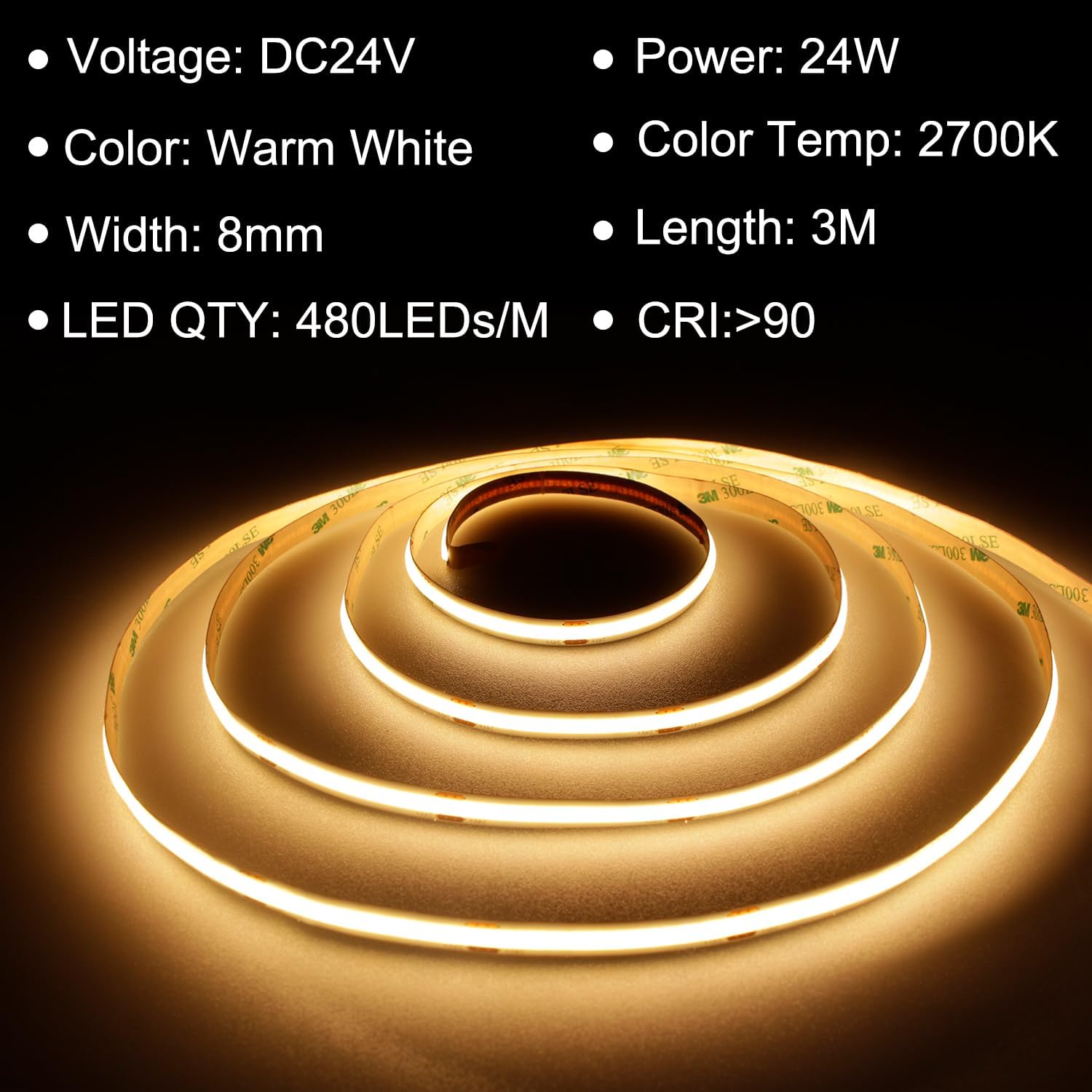 TTWAY COB LED Strip Lights 2700K, Dimmable LED Strip Kit, Super Bright 24V LED Tape Lights CRI90+ with RF Remote and UKCA Power Supply for DIY Home Decoration, 3M, 1440LEDs, Warm White.