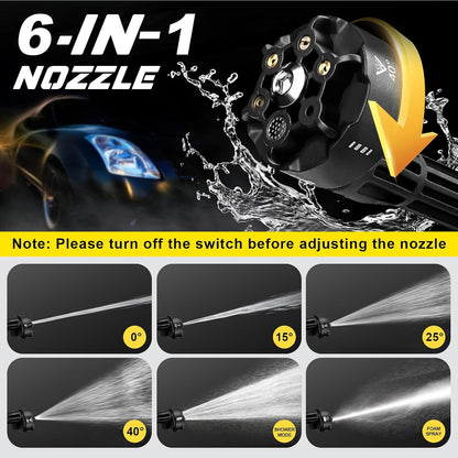 Battery Pressure Washer, Gisam Pressure Washer, Mobile Pressure Washer with 2 x 4.0Ah Batteries, 3-Speed Mode Max 65Bar, 6-in-1 Nozzle, 180° Rotating Nozzle, Foam Sprayer, 5 m Hose, Cleaning