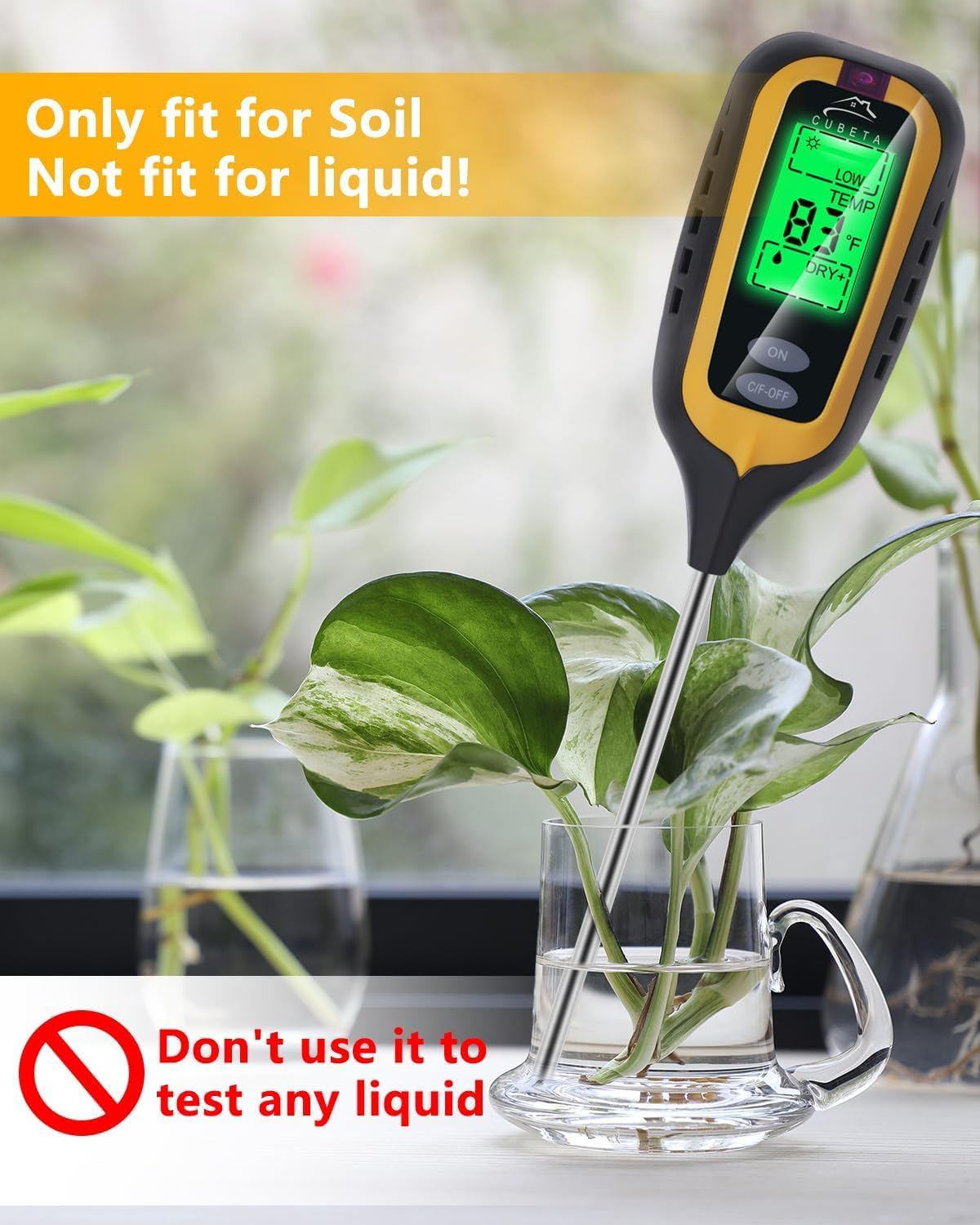 CUBETA Moisture Meter Plants Moisture Meter 4 in 1 Humidity/Temperature/pH/Light for Gardening, Lawn, Indoor Plants (Yellow)