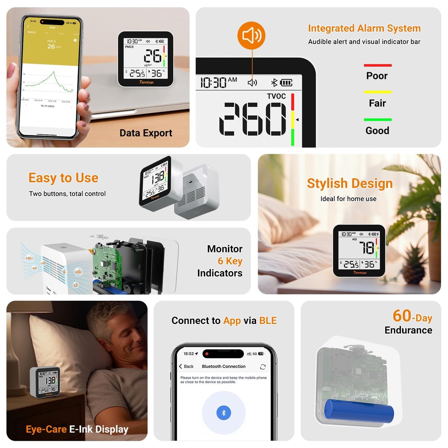 Monitor aer Temtop M10+ CO2 6-in-1 Bluetooth PM2.5 VOC