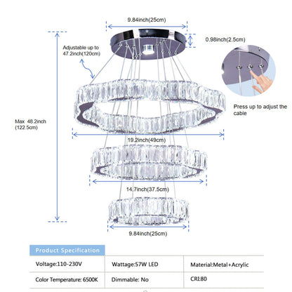 Lustra LED FRIXCHUR moderna cu 3 inele, cristal, 57W, 4650 lm