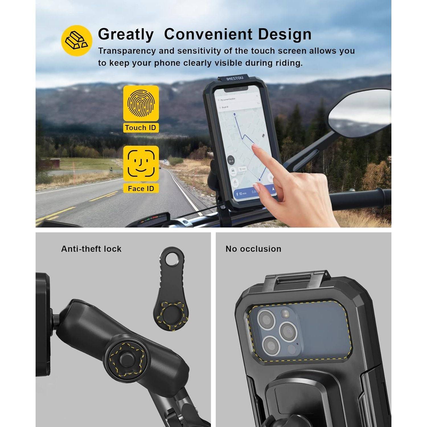 iMESTOU Waterproof IP67 Motorcycle Phone Mount, Bike Mount with 1" Dual Ball Base Arms (S- for 3.5-6.1" Phones)