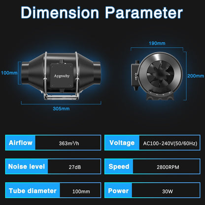 Aygrochy 100 mm adjustable pipe fan, 363 m³/h, three-phase EC motor, smoke extractor fan, inline pipe fan for ventilation and exhaust air fan.