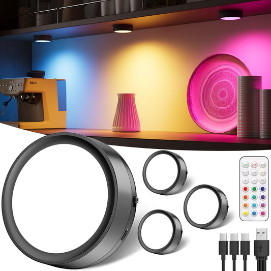Spoturi RGB Puck Lights reincarcabile cu telecomanda, Black - lumina sub dulap