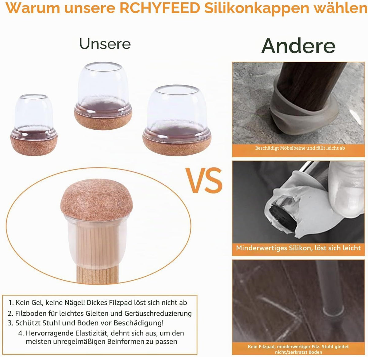 Capace protectoare RCHYFEED pentru picioare de scaun, silicon transparent maro cu fetru, marimea Small, 15-19 mm, set 24 bucati
