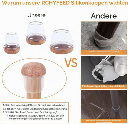 Capace protectoare RCHYFEED pentru picioare de scaun, silicon transparent maro cu fetru, marimea Small, 15-19 mm, set 24 bucati