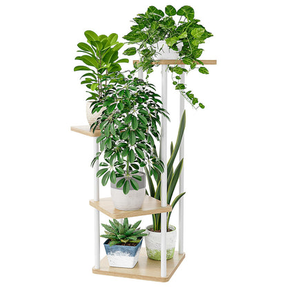 Suport plante Bamworld 5 niveluri alb metal si lemn 106.7 cm