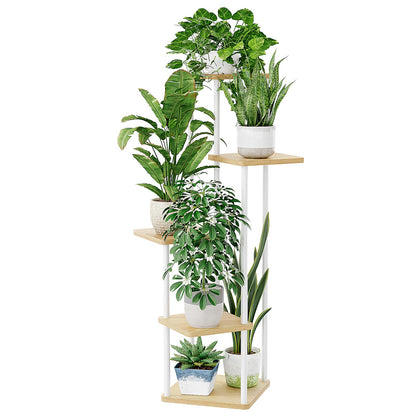 Suport plante Bamworld 5 niveluri alb metal si lemn 106.7 cm