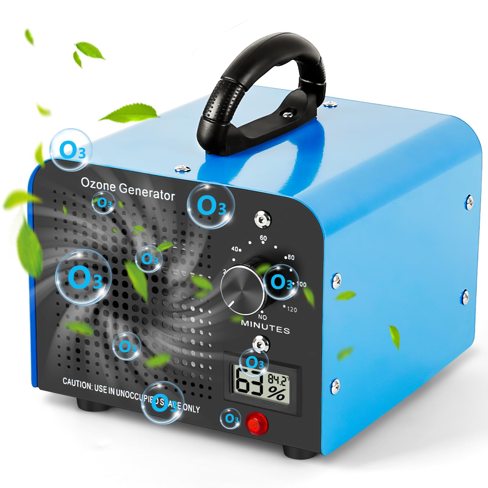 Ozone Generator, 60,000 mg/h Ozone Device with Temperature and Humidity Display, Ozone Air Purifier with 120 Min Timer, for Car, Home, Room, Smoke, Pet Odours and Kitchen Odours, Black