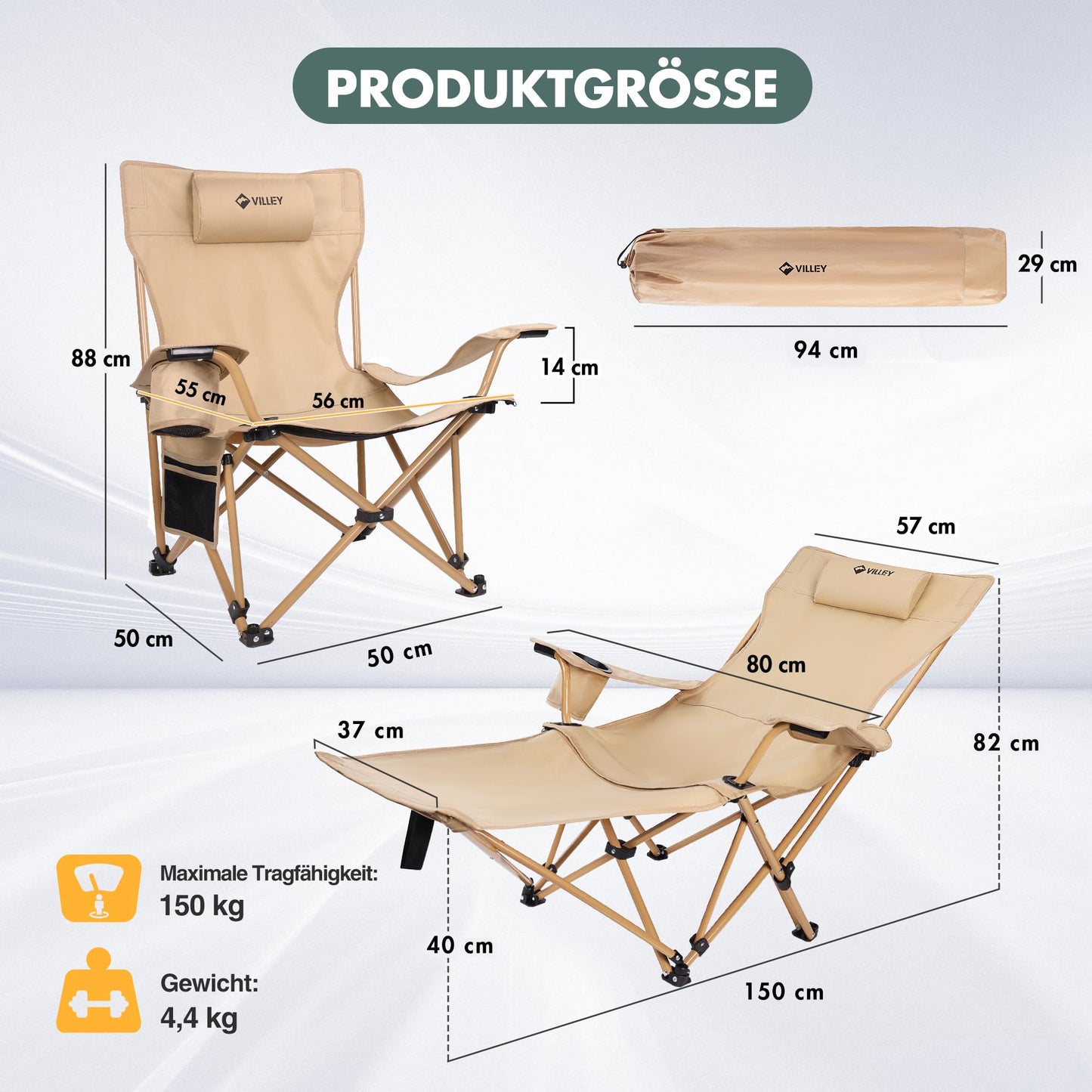 Scaun camping VILLEY pliabil cu suport picioare 150 kg kaki
