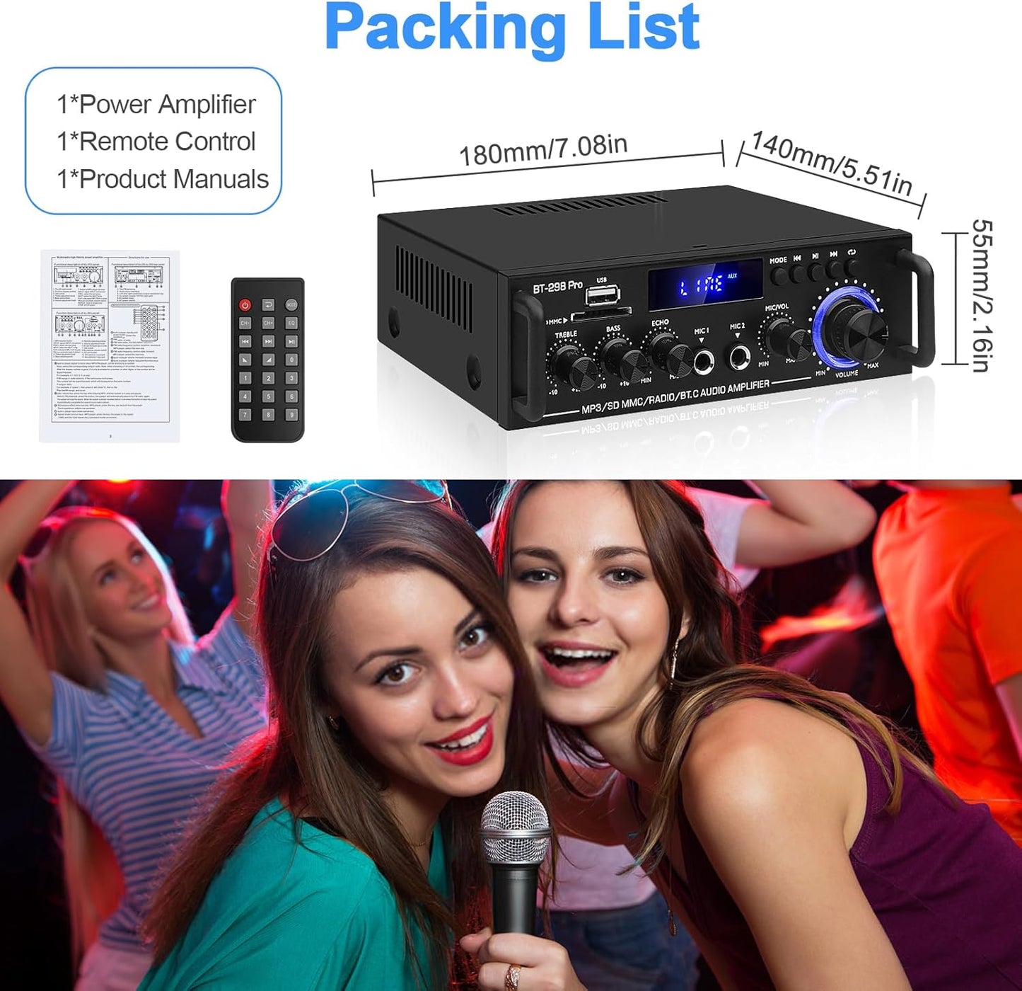 HiFi Stereo Audio Amplifier-BT-298Pro Bluetooth 5.0 Home Speakers Amplifier 50W X 2 Max. 600W Output Mini Digital Power Amplifier Receiver with Echo,MIC,USB, FM Radio