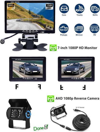 Retrocamera Camper Telecamera per Auto, Monitor LCD da 7" e Telecamera per Auto Kit, Impermeabile IP67 HD Visione Notturna con Linea di Ritardo di 15 m Sistema di Sensori di Parcheggio