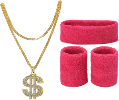 FOVER 80s Outfit, Men's, Women's Costume, Tracksuit, Pop Art, Retro Style Costume, Accessories Set with Inflatable Radio Sunglasses, Necklace, Sweatband for Theme Party, Fancy Dress