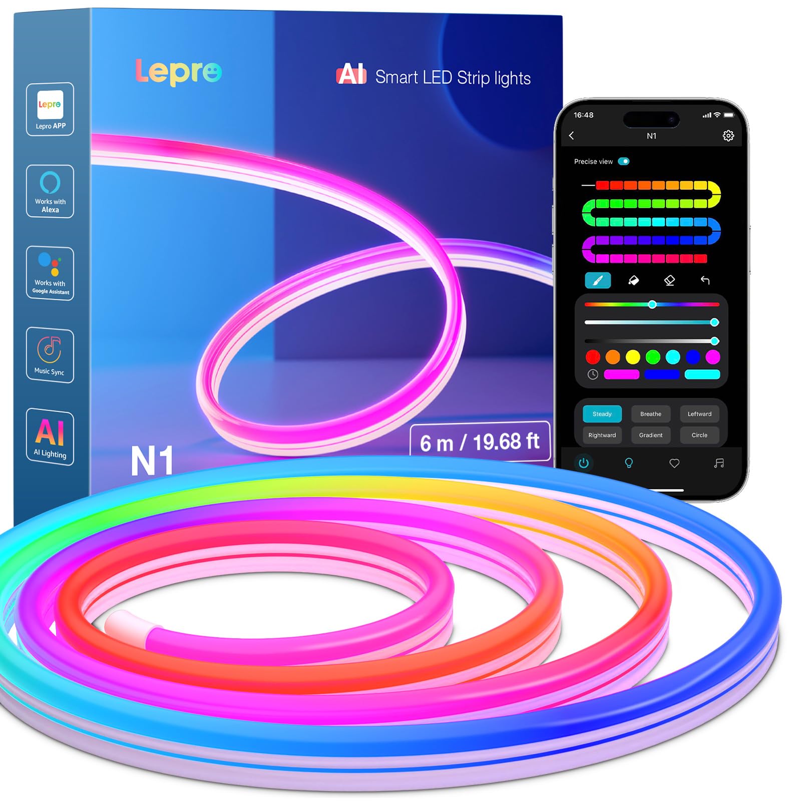 Lepro N1 AI Smart Rainbow Neon Light Strip 10M, 96 LEDs/M, Works with Alexa and Google Home, Music Sync, AI Lighting Design Assistant, IP65 LED Rope Light, MagicColor LED Lights, App & Voice Control