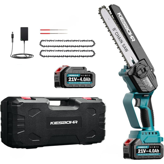 KIESBOHR Cordless Chainsaw, 8 Inch Mini Chainsaw with Chain Lubrication System (Lithium-Ion 21 V, Brushless Electric Motor, 2 Batteries 4000 mAh, 2 Chains) Battery Operated