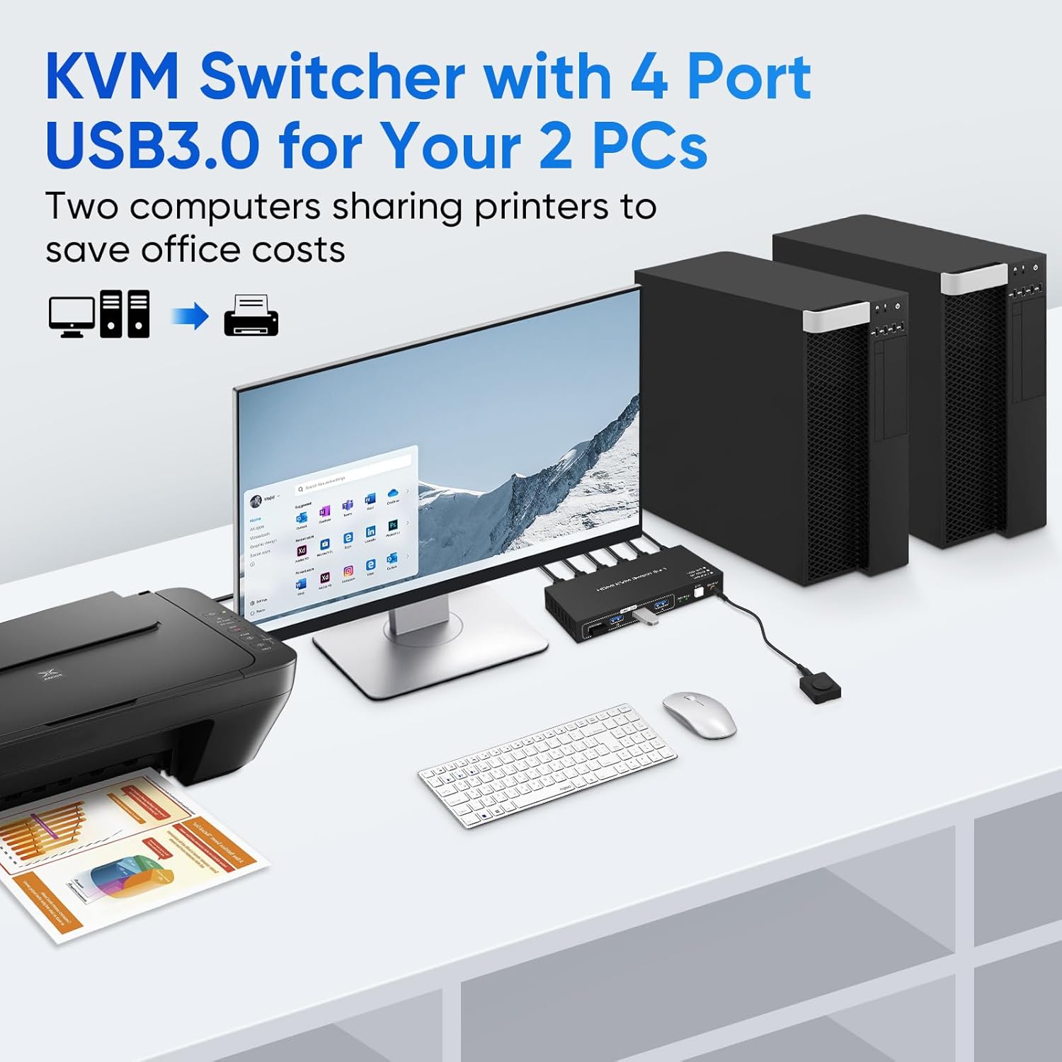Conmutador KVM HDMI de 8K a 60hz con 3 USB 3.0, conmutadores KVM, 4 concentradores USB, 2 computadoras, 1 interruptor de monitor compatible con 4K@120Hz, 2 PCs Share Keyboard Mouse Printer Scanner,