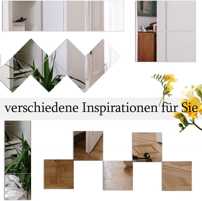 Muzilife Glass Mirror Tiles, 3 Pieces, 40 x 40 cm, DIY Wall Mirror with 4 Adhesive Mats, HD Mirror Set in Kitchen, Living Room and Bathroom