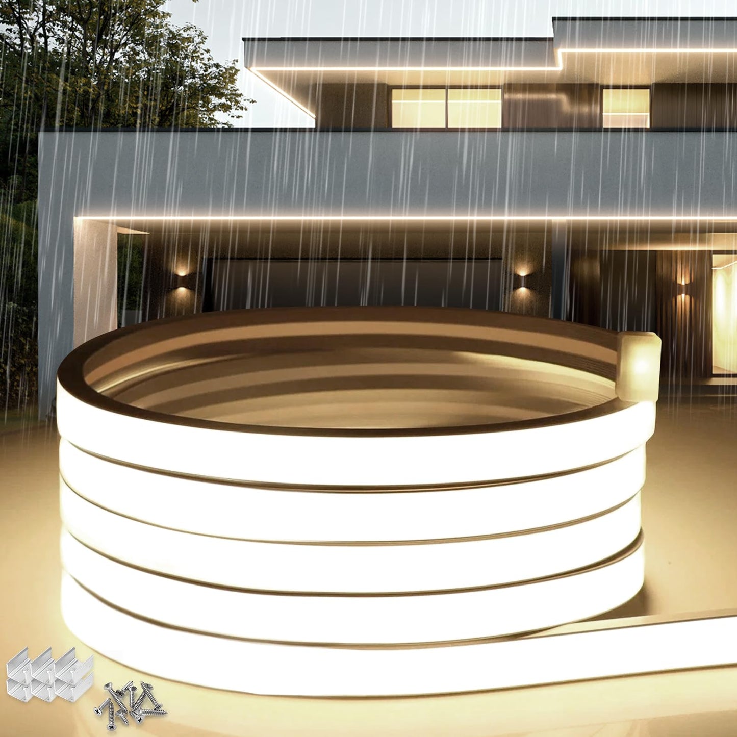 Neon LED Strip 5 m, Silicone Waterproof Fireproof IP65 LED Strip Warm White 3000 K 10 mm LED Fairy Lights Outdoor 230 V Flexible DIY Light Strip Outdoor with Power Supply for Home, Party,