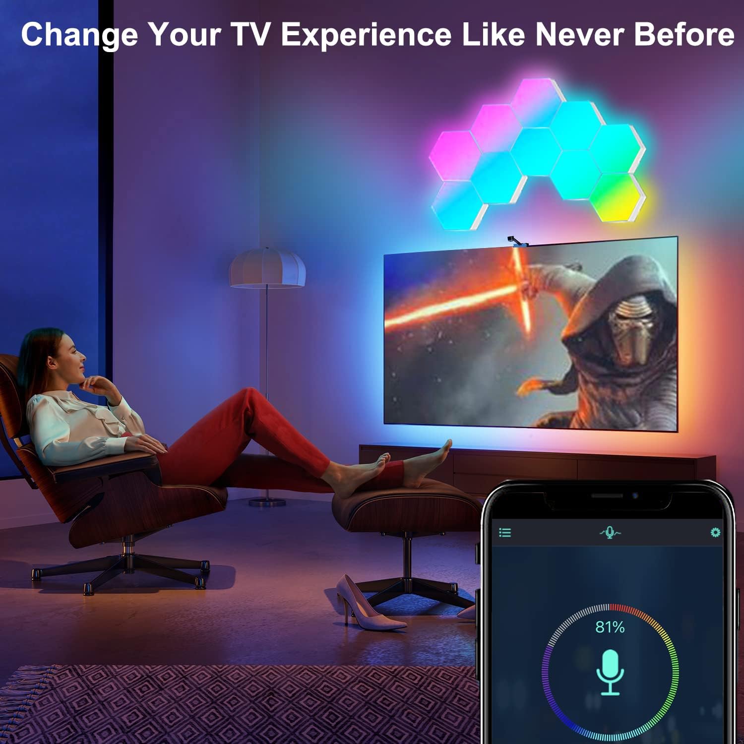 Amailtom Hexagon LED Lights, Smart Hexagon Gaming Wall Lights App & Remote Control, LED Light Panels Music Sync, DIY Geometry RGB Room Light for Gaming Room Living Bedroom Streaming, 7 Panels