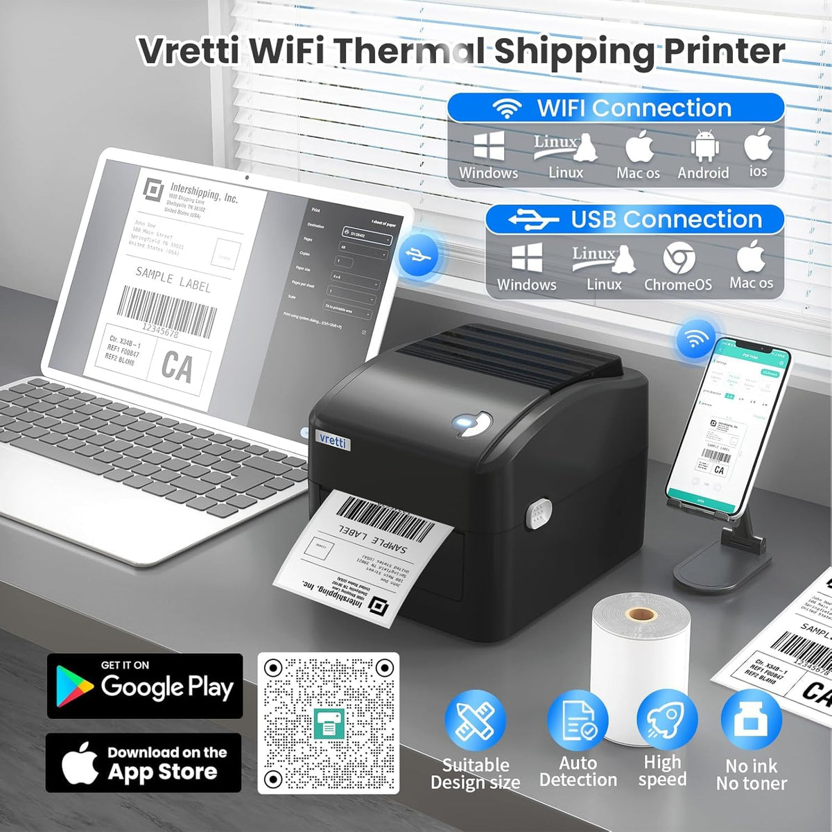 Imprimanta termica etichete vretti 420B WiFi USB 100x150 mm