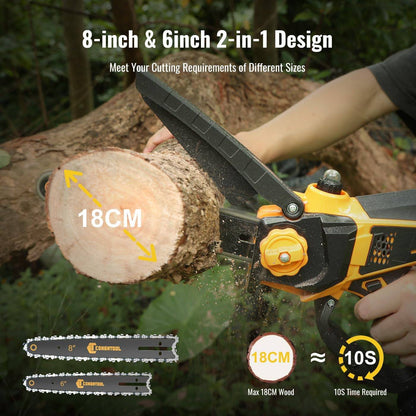 CONENTOOL Brushless Mini Chainsaw, 6 + 8 Inch Battery Chainsaw with Automatic Oiler, 2 Batteries 2.5 Ah and Charger, 900 W One-Handed Chainsaws for Garden Shears, Loppers Wood Cutting