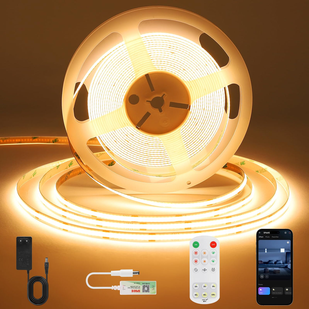Banda LED Ruan App Control COB 5m 24V 6000K alb rece