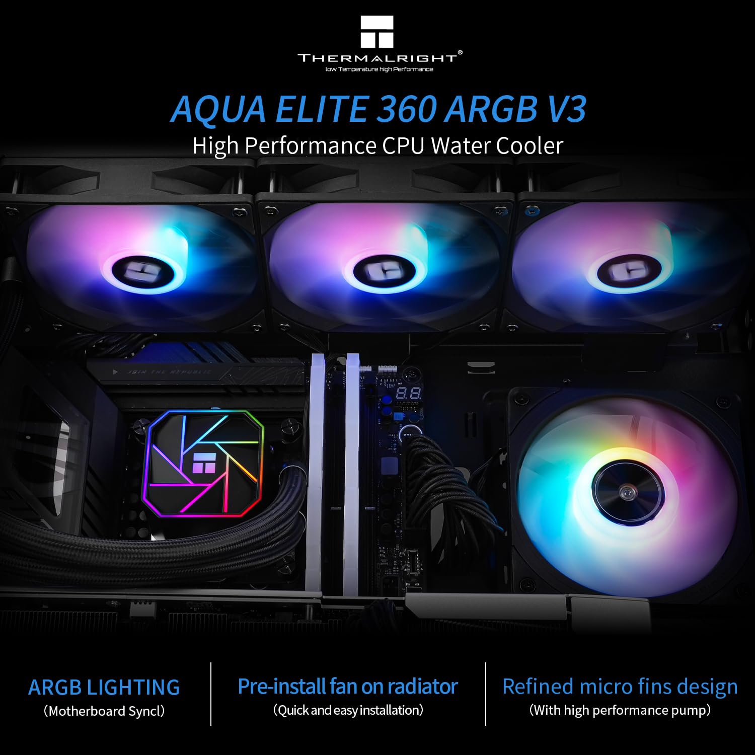 Thermalright Aqua Elite 360 V3 Liquid CPU Cooler, 360 Cooling Row Size, 3 x 120mm PWM Fans, S-FDB Bearings,for AMD/AM4/AM5, Intel LGA1150/1151/1155/1156/1200/2011/1700,Desktop CPU Cooler AIO