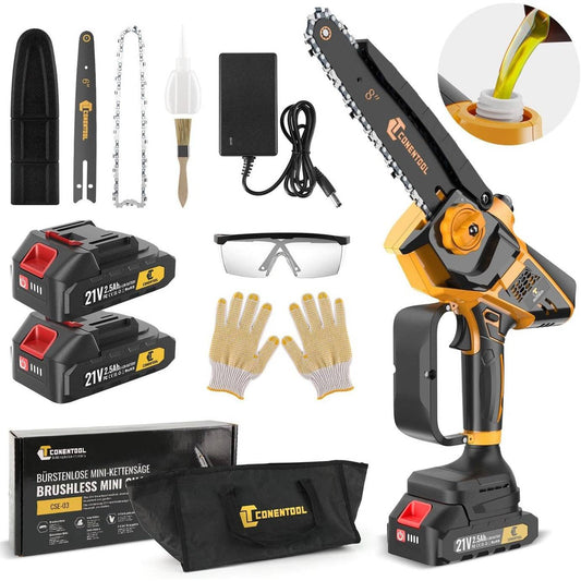 CONENTOOL Brushless Mini Chainsaw, 6 + 8 Inch Battery Chainsaw with Automatic Oiler, 2 Batteries 2.5 Ah and Charger, 900 W One-Handed Chainsaws for Garden Shears, Loppers Wood Cutting