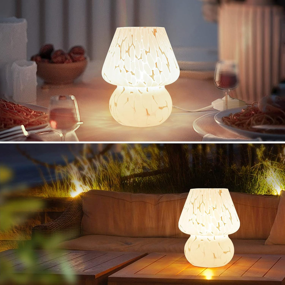 Lampa decorativa ONEWISH in forma de ciuperca, din sticla translucida alba, cu luminozitate reglabila