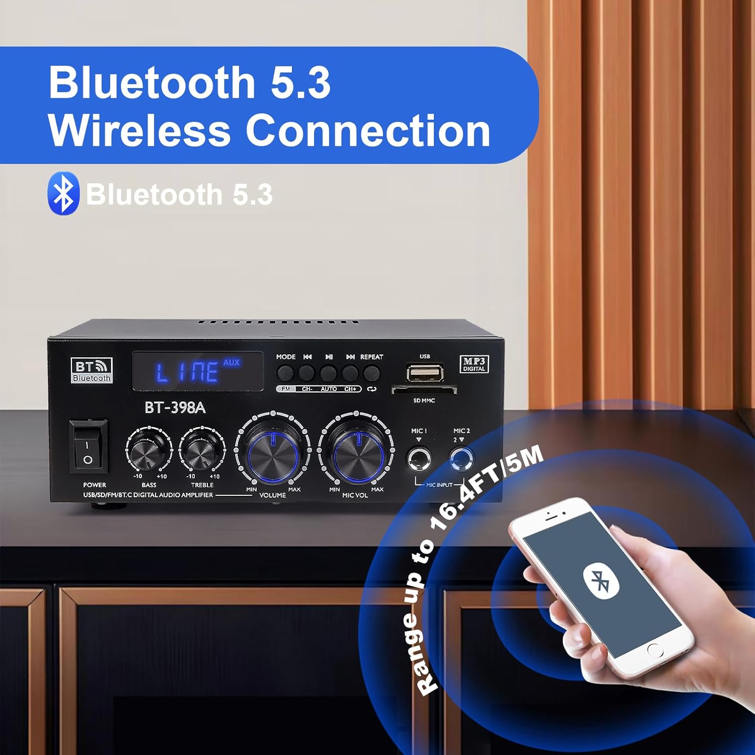 1000W Amplificateur, Bluetooth 5.3 Audio, Stéréo Audio Récepteur Ampli HiFi à 2.0 CH 60W x2 avec Bass/Treble/AUX/FM/MIC/USB, Convient pour Deux Haut-parleurs d'environ 10 Pouces, pour Ampli Voiture