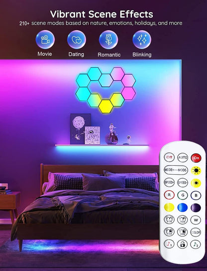 Amailtom Hexagon LED Lights, Smart Hexagon Gaming Wall Lights App & Remote Control, LED Light Panels Music Sync, DIY Geometry RGB Room Light for Gaming Room Living Bedroom Streaming, 7 Panels