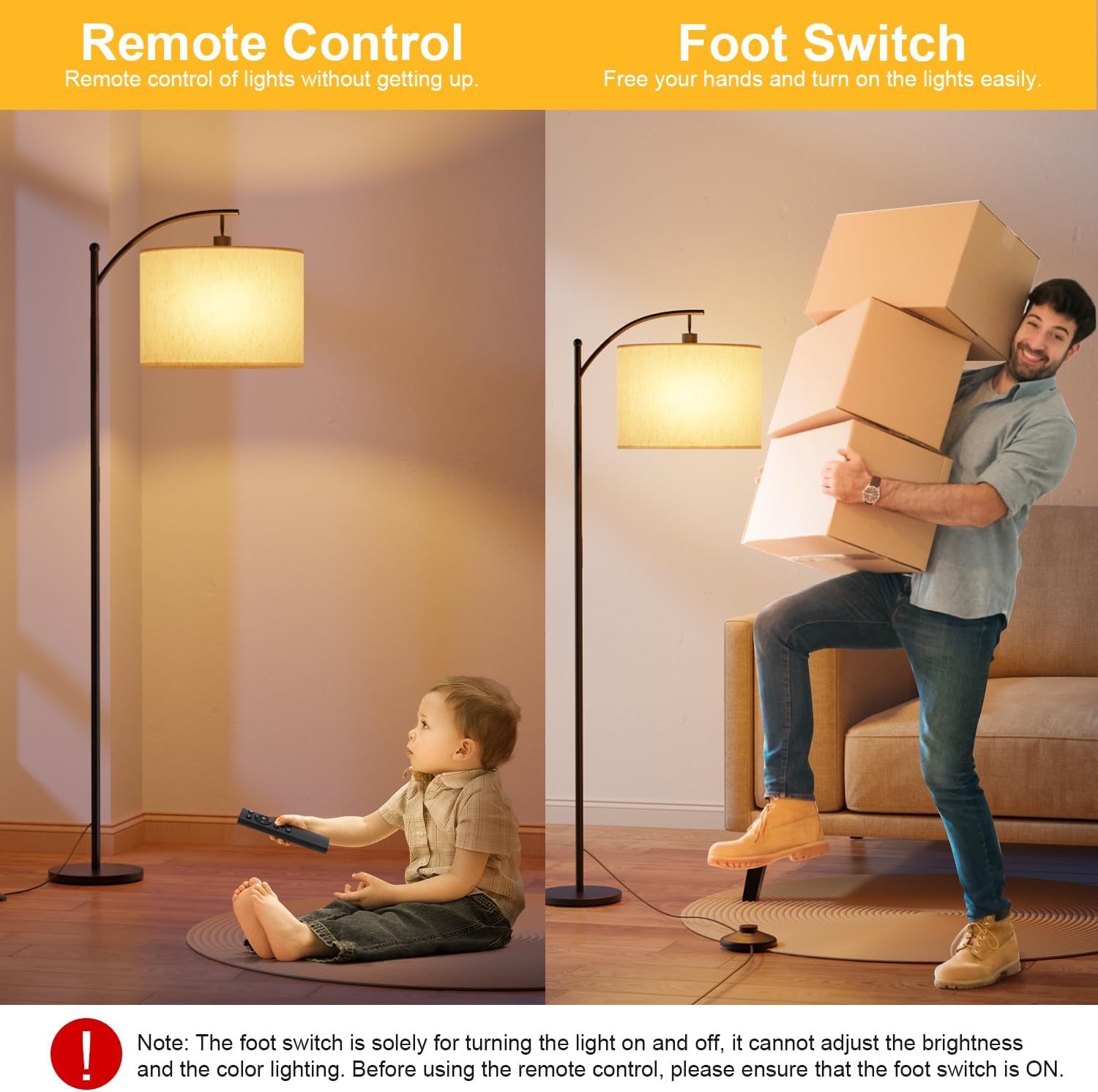 GLUROO Floor Lamp Living Room with Remote Control, Modern Floor Lamp Arch Lamp with 3 Colour Changes, Continuous Brightness, Dimmable LED Floor Lamp with Foot Switch