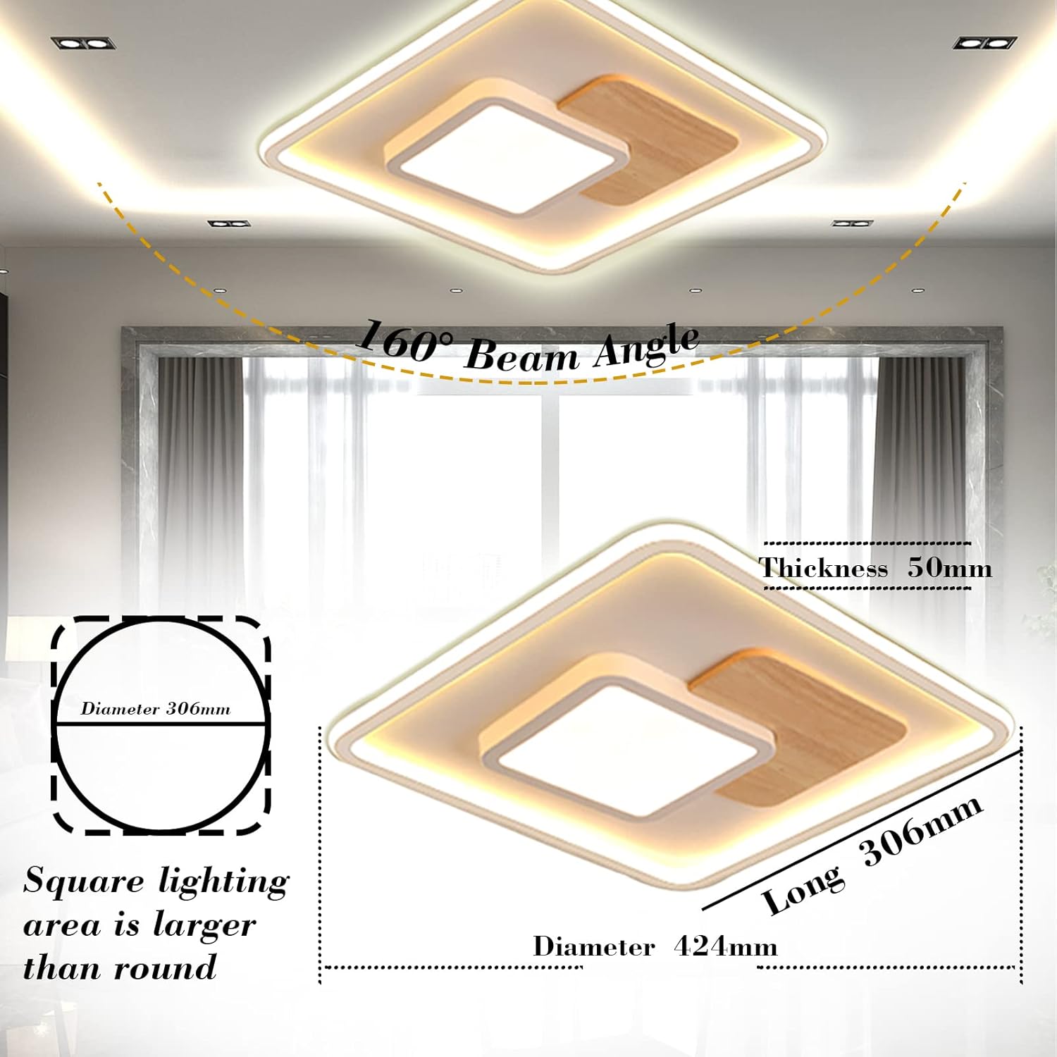 FitzMia Square LED Ceiling Light, Ceiling Light with Wood, Ceiling Lights Dimmable with Remote Control, Modern Round Wooden Ceiling Light for Bedroom, Children's Room, Kitchen (31.5x31.5 cm, 30 W)