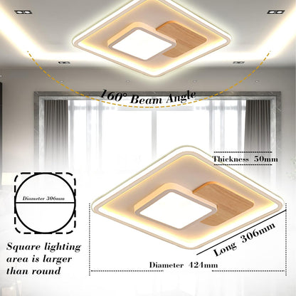 FitzMia Square LED Ceiling Light, Ceiling Light with Wood, Ceiling Lights Dimmable with Remote Control, Modern Round Wooden Ceiling Light for Bedroom, Children's Room, Kitchen (31.5x31.5 cm, 30 W)
