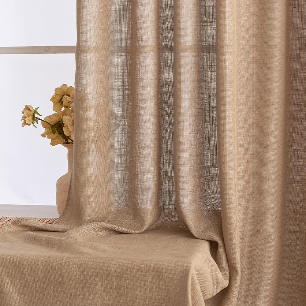 EMEMA Curtains, Linen Curtain with Ruffle Tape, Voile Curtain, Linen Look, Modern Semi-Transparent for Living Room, Decorative Curtain, Kitchen Curtains, Tab-Top Curtain, Bedroom, Brown, 140 x 215 cm