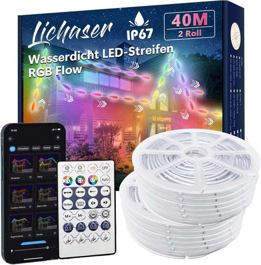 Lichaser 40m RGB+IC Outdoor LED Strip Wasserdicht DIY, Verfolgen, Segmentieren von LED-Streifen mit BT App und RF Fernbedienung für den Außenbereich