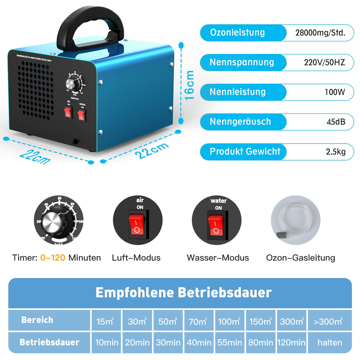 Generator ozon Kasakily OAW03 28000 mgh, 2 moduri, timer