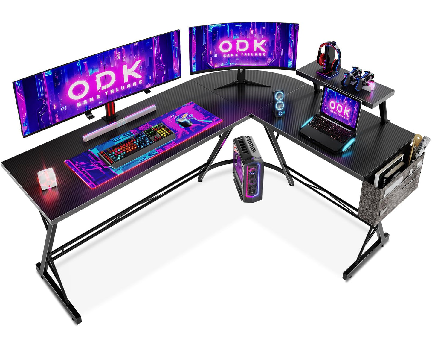 Birou gaming L 167x120 cm ODK cu suport monitor, carbon black