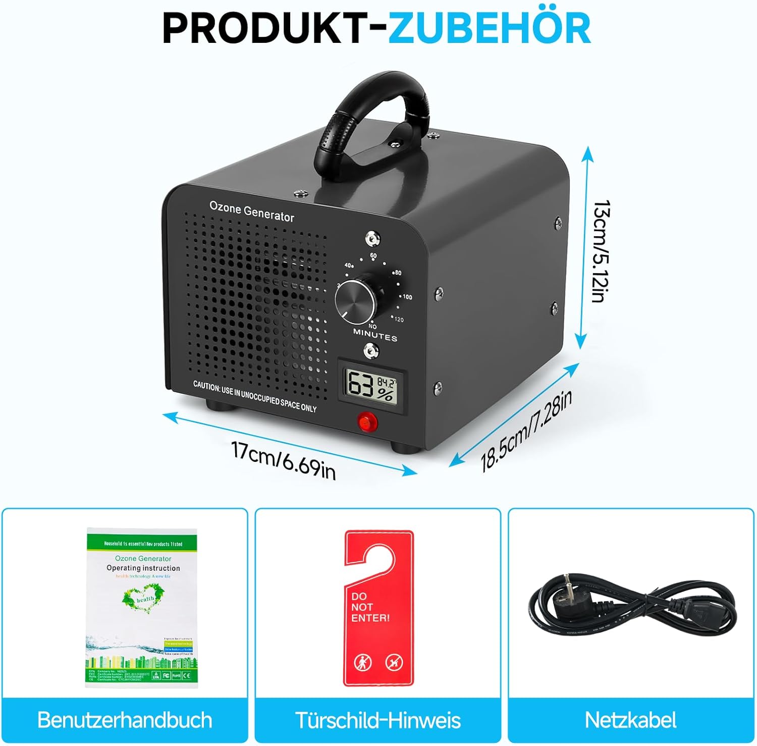 Ozone Generator, 60,000 mg/h Ozone Device with Temperature and Humidity Display, Ozone Air Purifier with 120 Min Timer, for Car, Home, Room, Smoke, Pet Odours and Kitchen Odours, Black